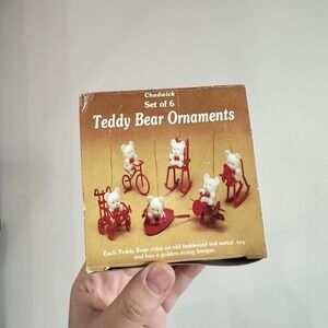 Vtg Chadwick set 6 Flocked Mini Teddy Bear Christmas Ornaments Red Metal 1988